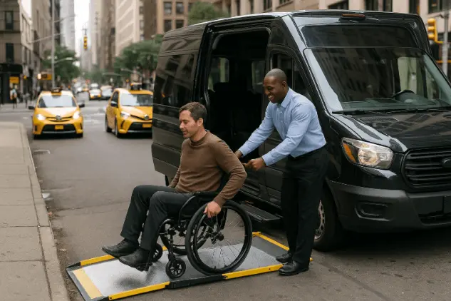 Accessible Wheelchair Car Service NYC helping a rider board the van safely