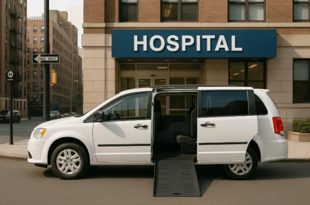 Non-Emergency Medical Transportation NYC van outside hospital