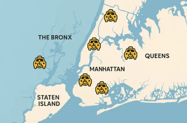 Wheelchair taxi service NYC map covering Bronx, Brooklyn, Queens, Manhattan, Staten Island