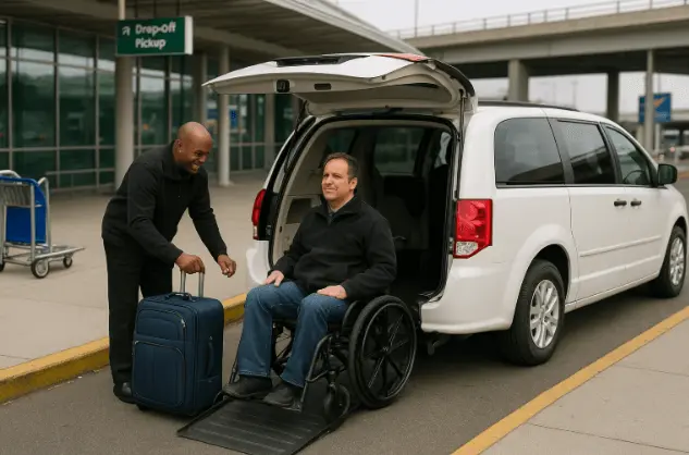Wheelchair Airport Car Service NYC helping passenger with luggage