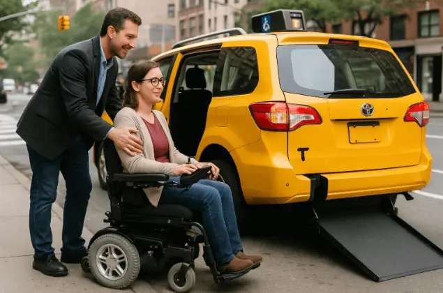 NYC Wheelchair taxi assisting a passenger with a power chair