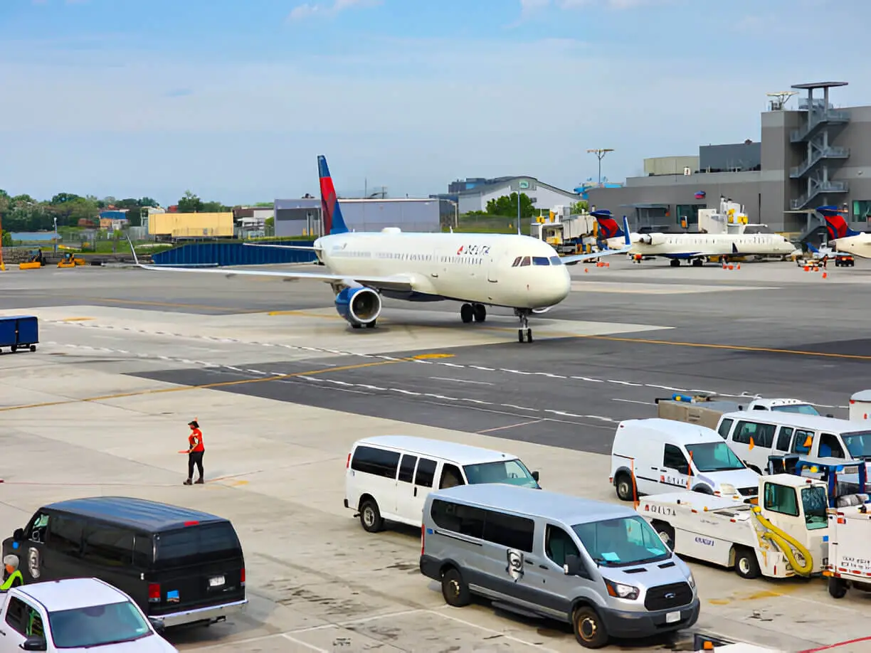 Wheelchair-accessible van with ramp deployed outside LaGuardia Airport terminal.