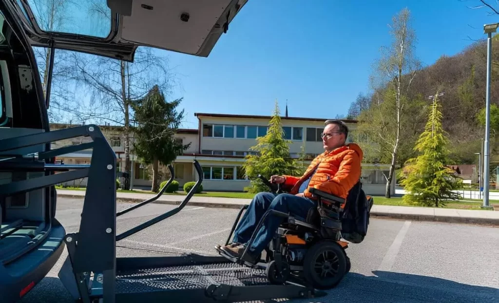 Professional NYC wheelchair transportation van helping senior passenger