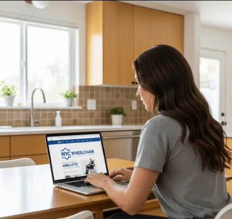 Young woman booking NYC ambulette service using laptop at home