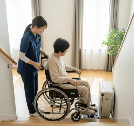 Wheelchair stair help with caregiver support in residential setting