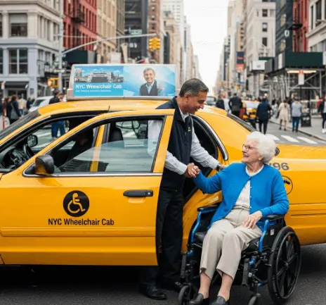 Wheelchair cab driver helping senior woman board accessible vehicle in Manhattan