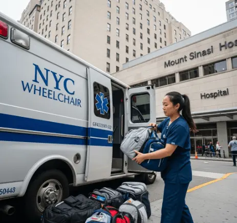 Ambulette parked in front of Mount Sinai hospital with caregiver unloading bags