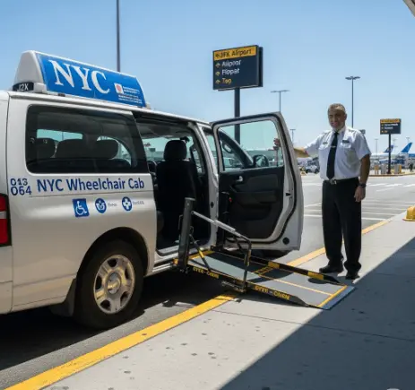 Wheelchair-accessible cab waiting at JFK airport pickup zone