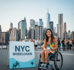 Smiling wheelchair user at NYC event with Manhattan skyline behind them