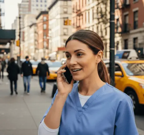 Caregiver speaking on phone to book a Manhattan wheelchair cab services