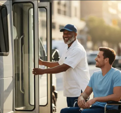 Smiling ambulette driver opening van door for patient in wheelchair, Door-to-Door Medical Transportation in NYC