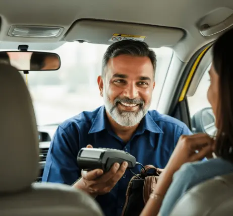 Smiling accessible cab driver processing credit card payment from passenger