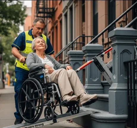 Driver guiding patient’s wheelchair down narrow NYC stoop stairs with portable ramp