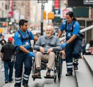 Trained staff helping elderly man downstairs safely in NYC