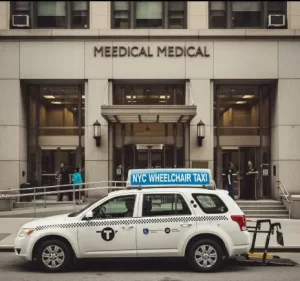 ADA-compliant wheelchair taxi parked in front of Manhattan medical building