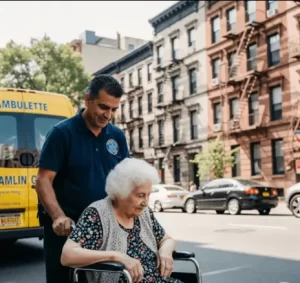 Ambulette driver helping elderly woman into a wheelchair outside her NYC apartment building