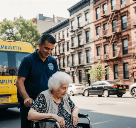 Ambulette driver helping elderly woman into a wheelchair outside her NYC apartment building