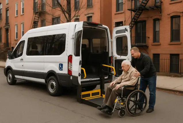 Accessible group van in NYC helping senior in wheelchair