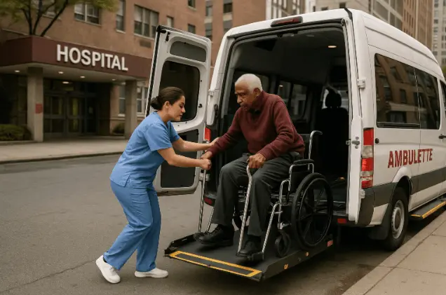 Ambulette parked at NYC hospital entrance