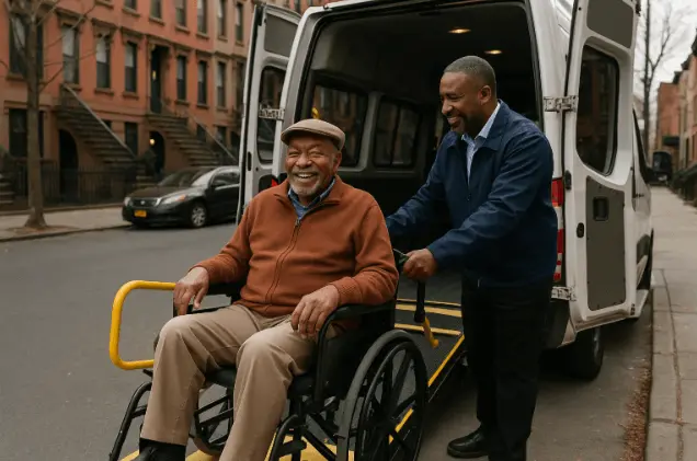 Person in wheelchair boarding van in New York