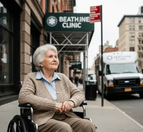 Timely Medical Transport for Seniors in NYC, Senior woman in wheelchair waiting for medical transport outside a NYC clinic