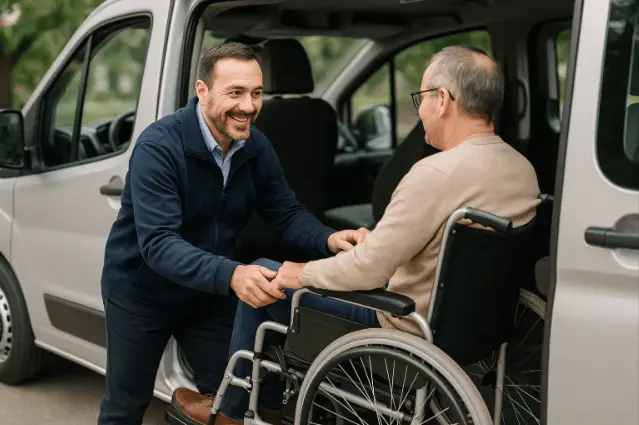 flexible wheelchair transport NYC with driver helping wheelchair user