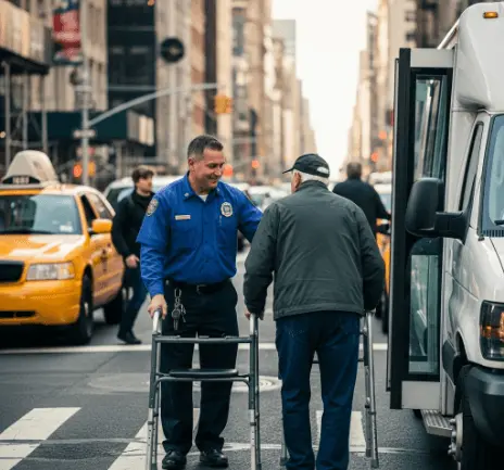 Professional ambulette driver assisting senior man with walker in NYC street