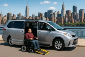on-demand handicap rides NYC with wheelchair accessible van and rider in New York City