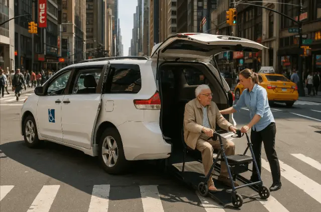 On-Demand Handicap Rides NYC, flexible wheelchair transport NYC helping senior with walker in New York City traffic