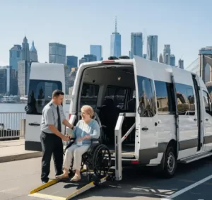 Driver helping senior woman into private wheelchair van in NYC skyline backdrop