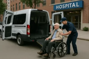 Wheelchair transport van in NYC helping elderly man into vehicle