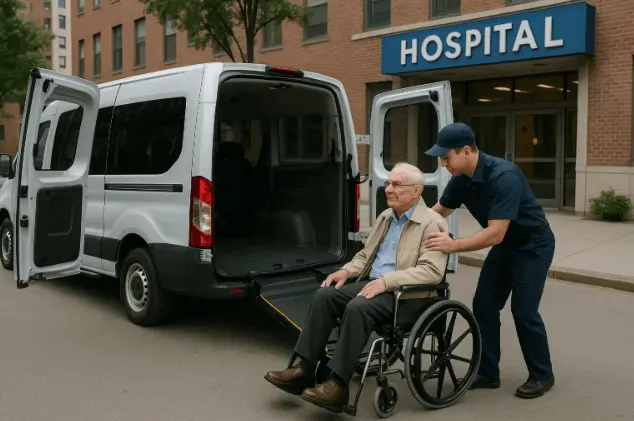 Wheelchair transport van in NYC helping elderly man into vehicle