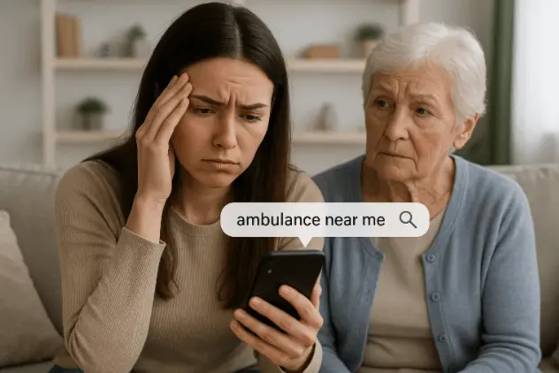 Woman googling ambulance near me while sitting beside elderly loved one
