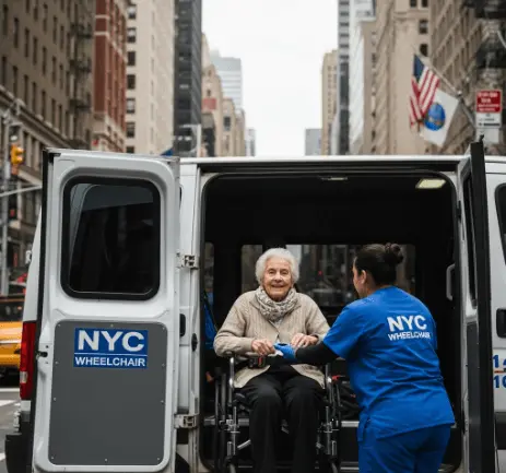 Elderly woman assisted into wheelchair van in New York City for a medical appointment