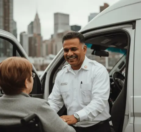 Friendly ambulette driver offering door-to-door wheelchair service in NYC