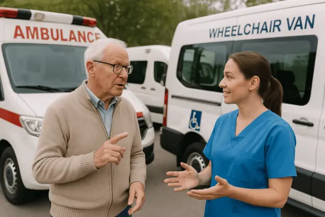 Patient choosing between ambulance and ambulette in NYC, Ambulance service near me NYC Wheelchair
