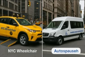 NYC yellow taxi with wheelchair ramp next to a private wheelchair-accessible shuttle van on a city street