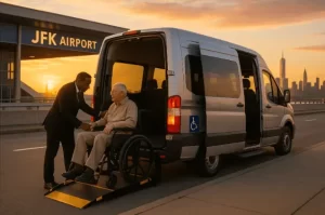 Professional wheelchair airport transfer NYC with accessible van at JFK terminal