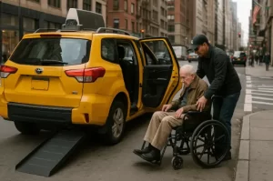 Wheelchair-accessible yellow taxi picking up a passenger in NYC