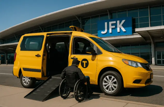 Wheelchair-accessible taxi with ramp deployed at JFK Airport terminal in NYC.
