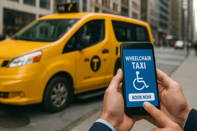 Hand holding a phone booking wheelchair taxi in New York City online