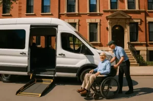 Professional wheelchair transportation service in NYC helping passenger into van