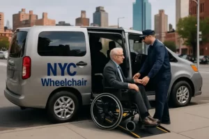 Senior man boarding a wheelchair taxi in Queens NYC