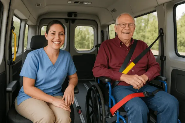 Caregiver traveling with passenger in NYC wheelchair taxi with safety belts