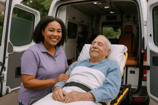 Caregiver with patient during safe stretcher transportation service in New York