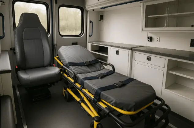 Interior view of stretcher medical transport vehicle with safety straps in NYC
