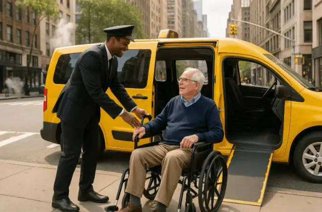 Wheelchair taxi NYC with ADA-compliant van and driver helping passenger