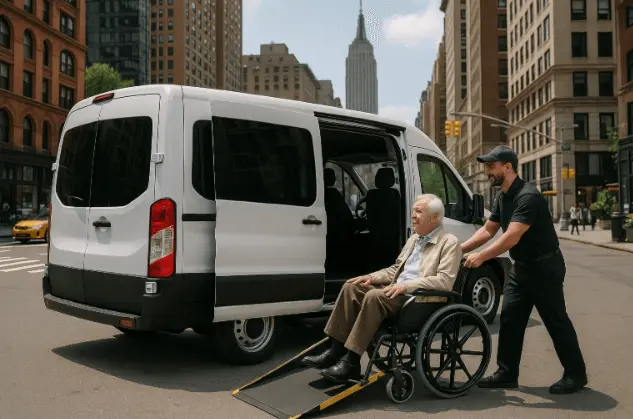 Professional driver assisting senior passenger into an ADA-compliant wheelchair transportation in NYC.