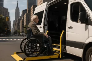 Senior entering wheelchair-accessible van in NYC