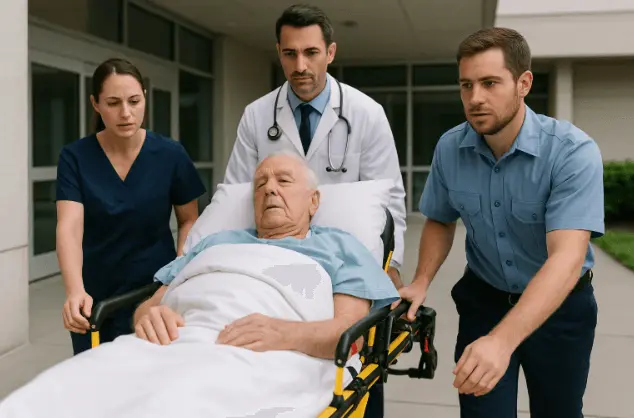 Elderly patient on stretcher assisted by professional medical staff in New York.